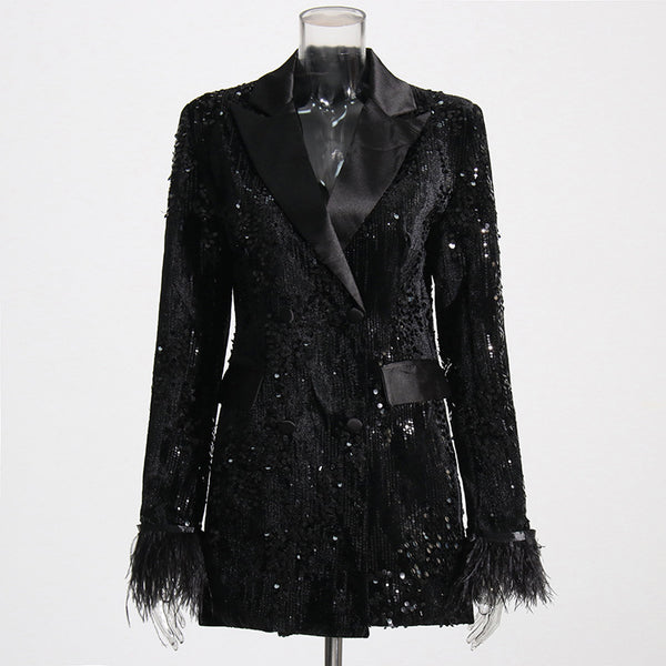 Black Shine Blingbling Sequins Blazer Dress with Feathers! Clubwear Event Fashion Lady Dress 2304