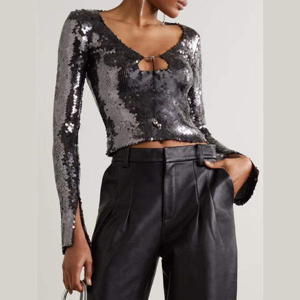 Metallic Blingbling Shine Sequins Long Sleeve Crop Top ! Sexy Clubwear Fashion Top Blazer 2304