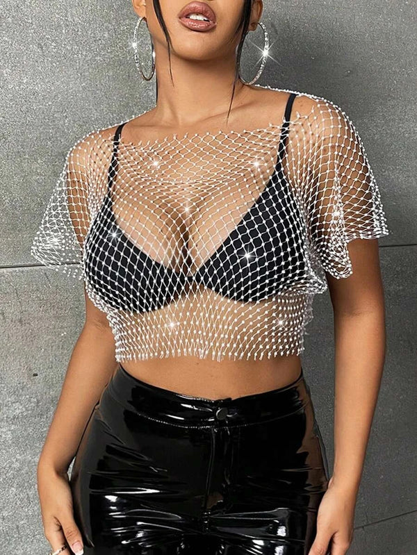 White Fishnet Mesh Crop Tee Top with Shining Rhinestones , Bikini Cover Up Tops, Club Wear