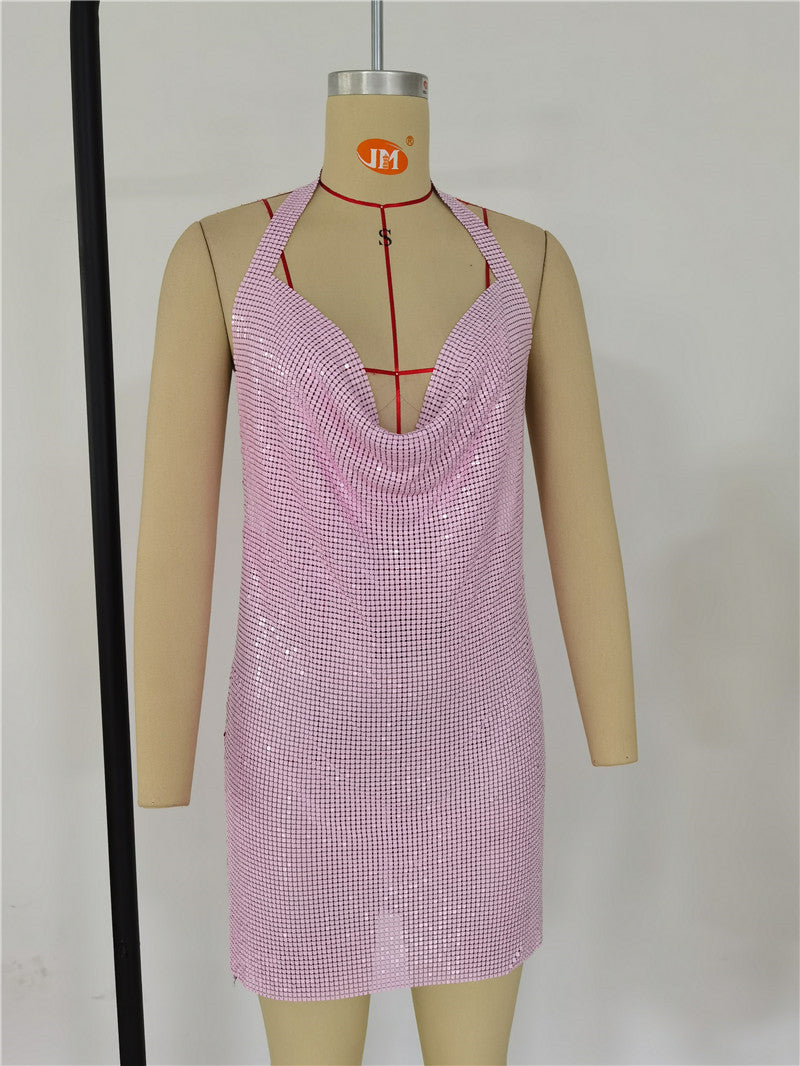 Metallic Sexy Backless Slim Fitting Halter Dress Sequins Silver Red Pink, Shining Clubwear