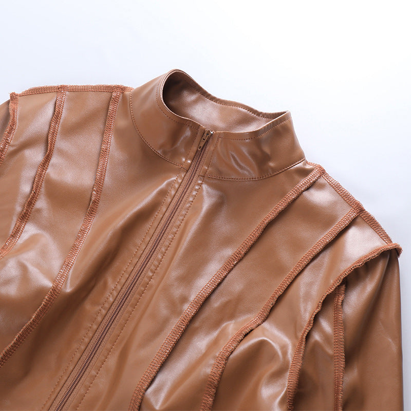 Chic Cropped Leather Jacket Top Long Sleeve! Sexy Patent Vegan PU Leather Jacket Top 2301