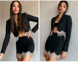 Rhinestone Tassels! Chic Fringed Crop Blazer and mini Skirt 2-Piece Set! High Street Fashion Trendy 2112 - KellyModa Store