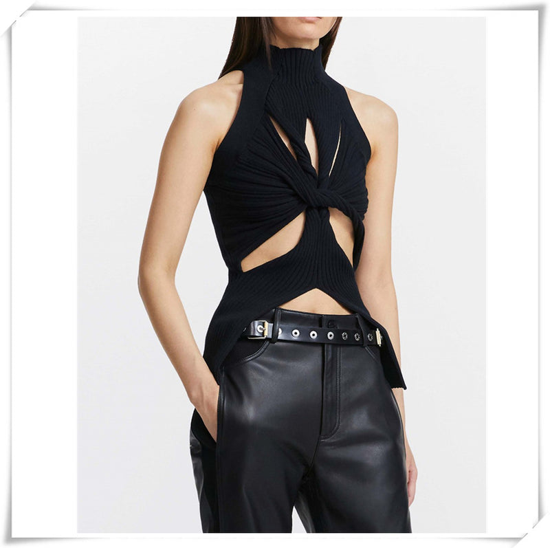 Hollow Out Ribbed Sweater Top Sleeveless! Sexy Designer Ribbed Basic Crop Top Cyber Fashion 2203