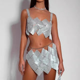 BlingBling Metallic Squares Crop Top and Skirt 2-piece Set! Shining Rhinestones 2-Piece Set, Sexy Clubwear