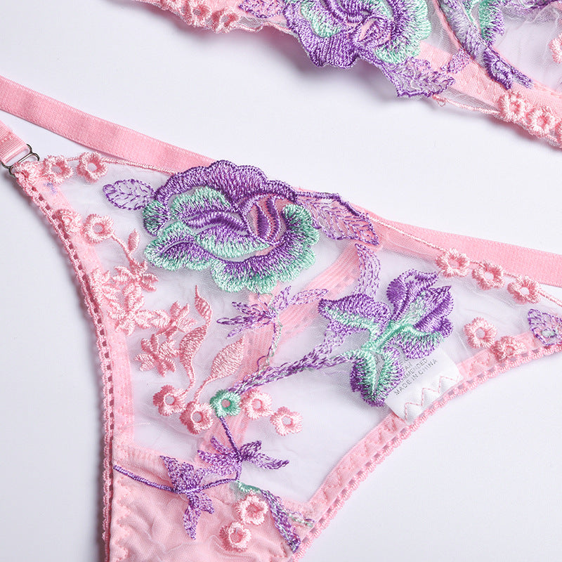 Pink Floral! See-through Mesh Lingerie Bra and Panty Set, Sexy Lingerie, Embroidery Underwear - KellyModa Store