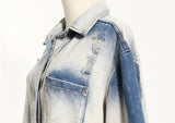 Tie Dyed! Boy Friend Plus Sized Ripped Buttoned-up Denim Jeans Shirt Blouse, Denim Women's Shirt 2210