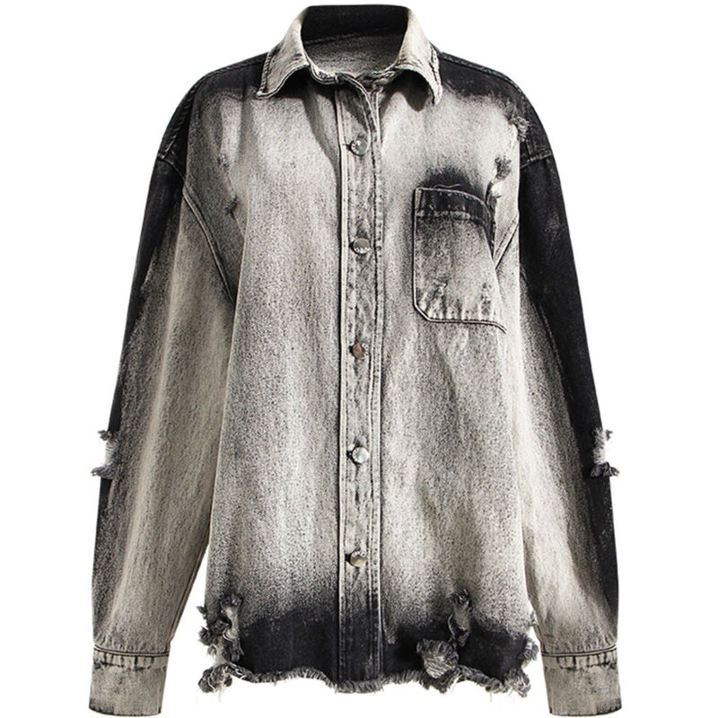 Tie Dyed! Boy Friend Plus Sized Ripped Buttoned-up Denim Jeans Shirt Blouse, Denim Women's Shirt 2210