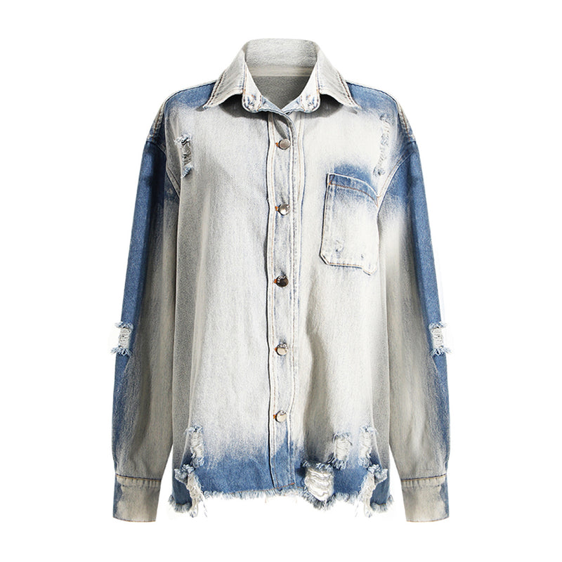 Tie Dyed! Boy Friend Plus Sized Ripped Buttoned-up Denim Jeans Shirt Blouse, Denim Women's Shirt 2210