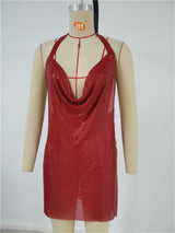 Metallic Sexy Backless Slim Fitting Halter Dress Sequins Silver Red Pink, Shining Clubwear