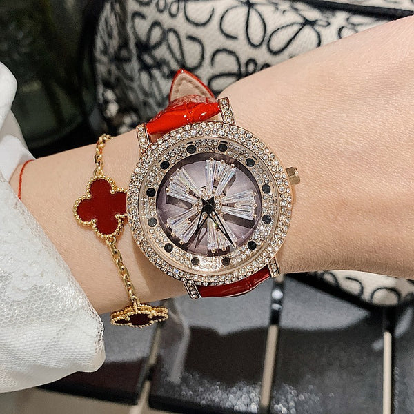 Five arm Crystal Flake Rotor Full Diamond 30mm! Women Fashion Luxury Quartz Watch with Metal Band, Analog Brass Wrist