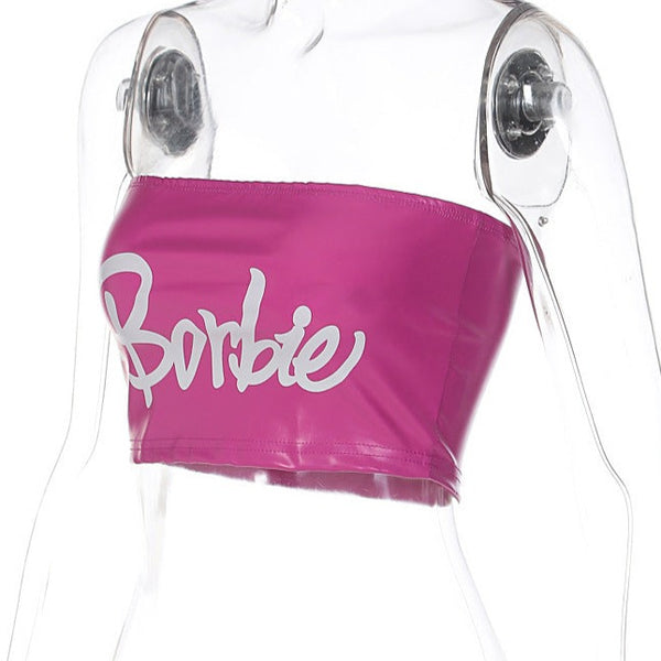 Pink Borbie! Vinyle Leather Strapless Crop Top! Sexy Patent Vegan PU Leather Bra Top 2301