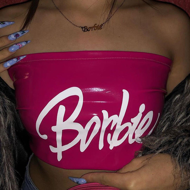 Pink Borbie! Vinyle Leather Strapless Crop Top! Sexy Patent Vegan PU Leather Bra Top 2301