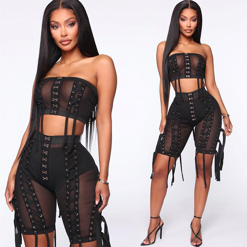 Laced-Up Mesh Strapless Crop Tube Top and Shorts 2-Piece Set! Casual Sexy Top Shorts 2112 - KellyModa Store