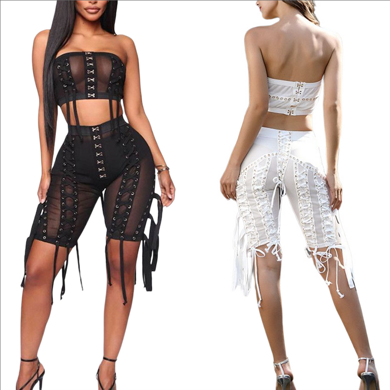 Laced-Up Mesh Strapless Crop Tube Top and Shorts 2-Piece Set! Casual Sexy Top Shorts 2112 - KellyModa Store