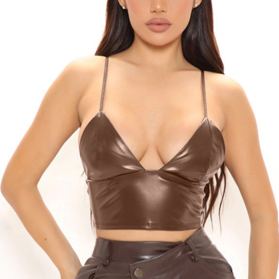 Classic Camel Crop Slip Top! Sexy Patent Vegan PU Leather Vest Top 2301