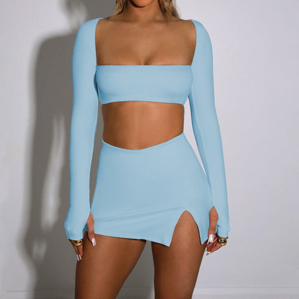 Sky Blue Slim Fitting Long Sleeve Crop Top and Skirt 2-piece Set! Sexy Chic Cyber Celebrity Fashion 2210