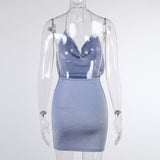 Metal Chain Halter Backless Dress! Shining Blue Sexy Party Dress NightClub Celebrity Fashion 2201