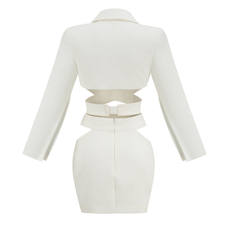 Long Sleeves White Cut Out Blazer Top and mini Skirt 2-Piece Set! High Street Fashion 2112 - KellyModa Store