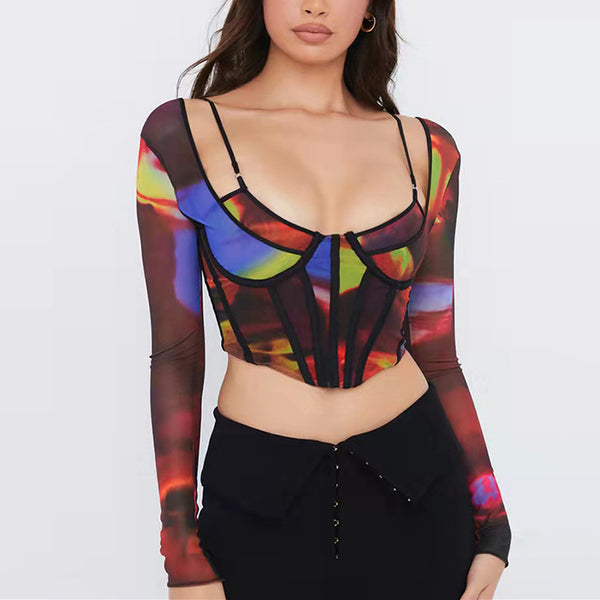 Long Sleeve Printed Crop Mesh Slip Top! Sexy Cropped Slip Top Club Top Celebrity Fashion 2112 - KellyModa Store