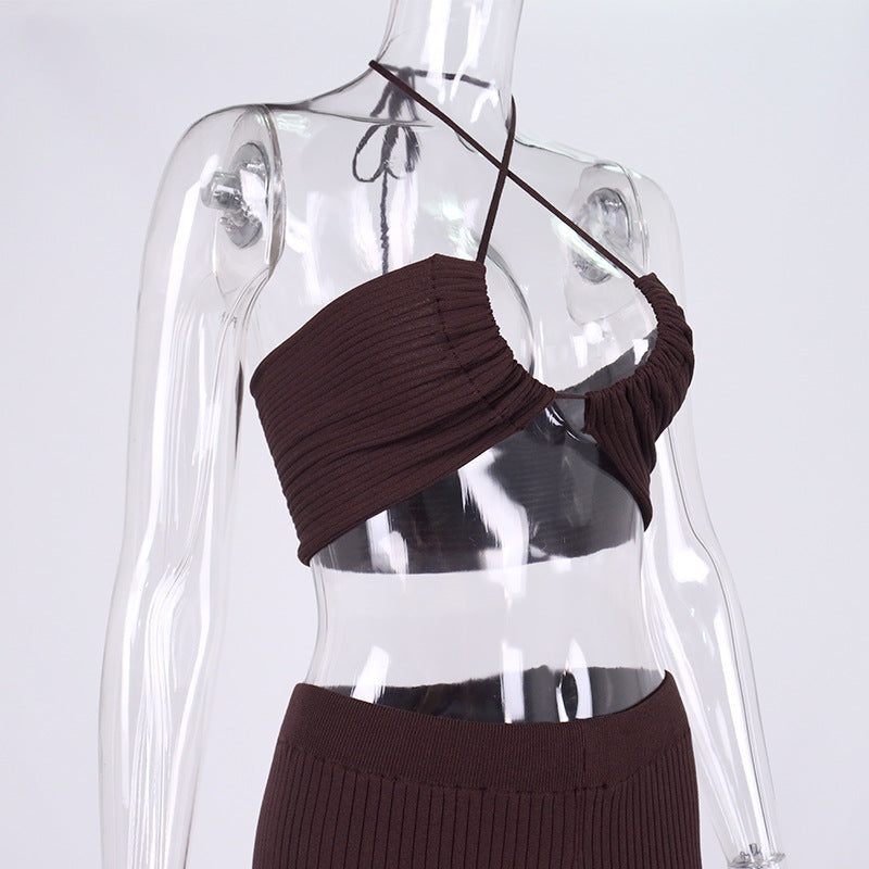 Sexy Knitted Halter Crop Top and Wide Leg Pants 2-piece Set! Sexy Knitwear Bra Celebrity Fashion 2111 - KellyModa Store