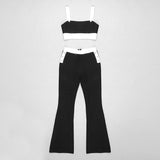 Black and White Crop Tank Top and Flared Slim Fitting Pants 2-piece Set! Women Fashion 2205