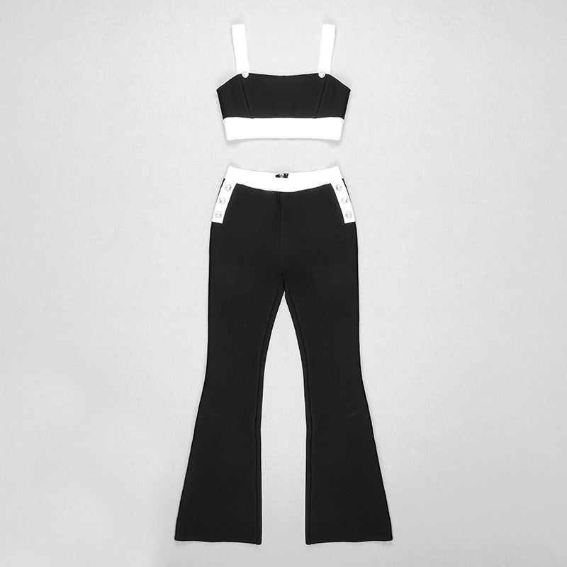 Black and White Crop Tank Top and Flared Slim Fitting Pants 2-piece Set! Women Fashion 2205