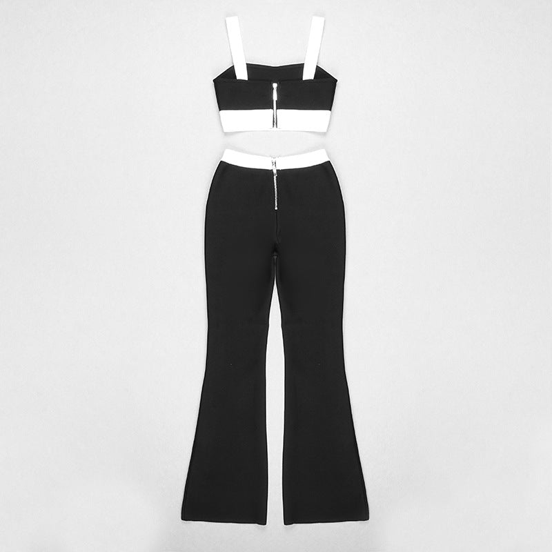 Black and White Crop Tank Top and Flared Slim Fitting Pants 2-piece Set! Women Fashion 2205