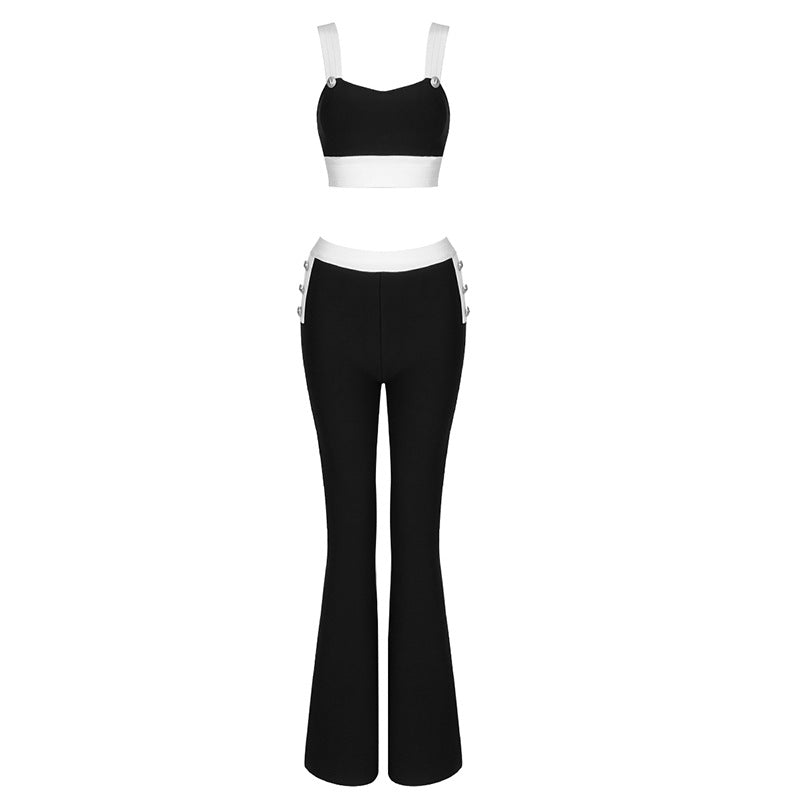 Black and White Crop Tank Top and Flared Slim Fitting Pants 2-piece Set! Women Fashion 2205