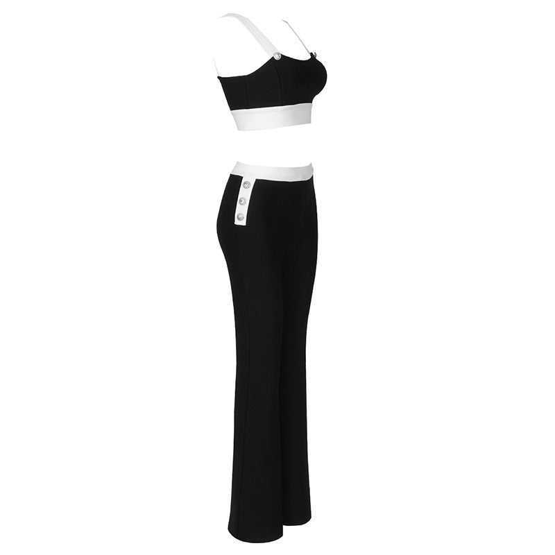 Black and White Crop Tank Top and Flared Slim Fitting Pants 2-piece Set! Women Fashion 2205