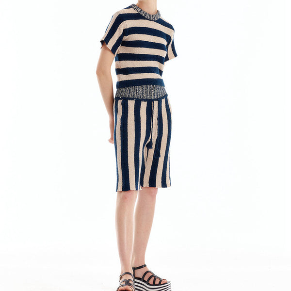 Navy Striped Tee shirt and Shorts 2-Piece Knitwear Set! Casual Sweater Designer Fashion 2208
