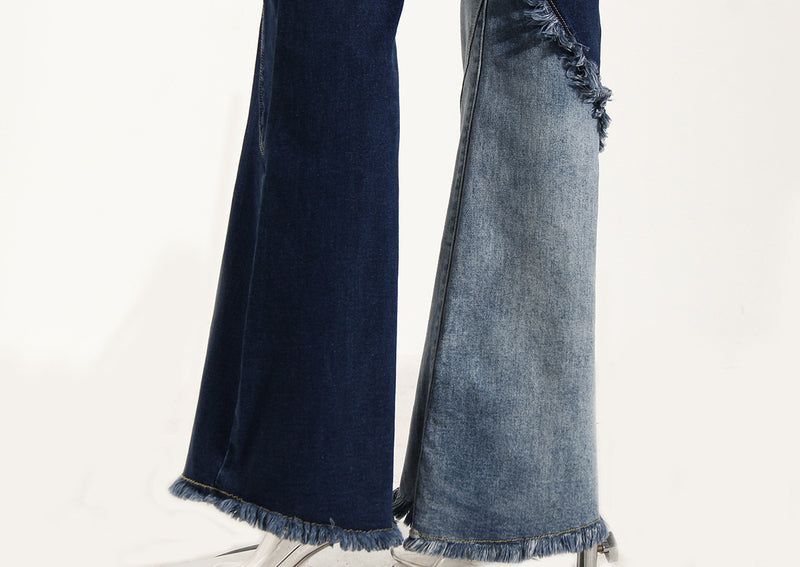 Asymmetric Color Contrast Bell-Bottom Jeans! High Waisted Blue Denim Jeans Femme Bottoms