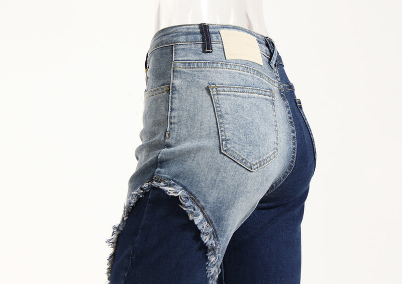 Asymmetric Color Contrast Bell-Bottom Jeans! High Waisted Blue Denim Jeans Femme Bottoms