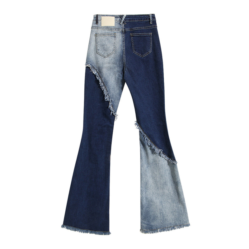 Asymmetric Color Contrast Bell-Bottom Jeans! High Waisted Blue Denim Jeans Femme Bottoms