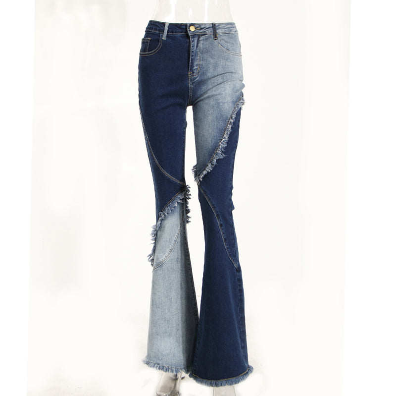 Asymmetric Color Contrast Bell-Bottom Jeans! High Waisted Blue Denim Jeans Femme Bottoms