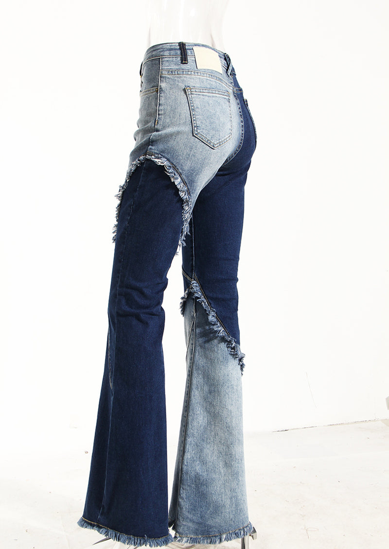 Asymmetric Color Contrast Bell-Bottom Jeans! High Waisted Blue Denim Jeans Femme Bottoms