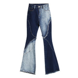 Asymmetric Color Contrast Bell-Bottom Jeans! High Waisted Blue Denim Jeans Femme Bottoms