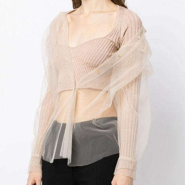 See-through Mesh and Knitted Wool Sweater Crop Top 2 Colors! Slim Fitting Knitwear Celebrity Fashion 2112