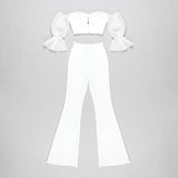 Elegant Mesh Lace Strapless Crop Top and Flared Slim Fitting Pants 2-piece Set! Women Fashion 2202