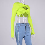 Uniquely Designed Tied Crop Top! Sexy Cropped Long Sleeve Cyber Celebrity Fashion 2111 - KellyModa Store