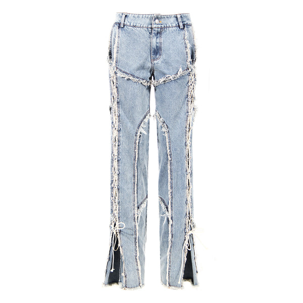 Laced-up Ripped Wide-Leg! High Waisted Flared Distressed Blue Denim Jeans Femme Bottoms