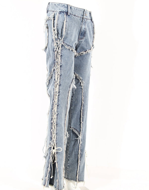 Laced-up Ripped Wide-Leg! High Waisted Flared Distressed Blue Denim Jeans Femme Bottoms