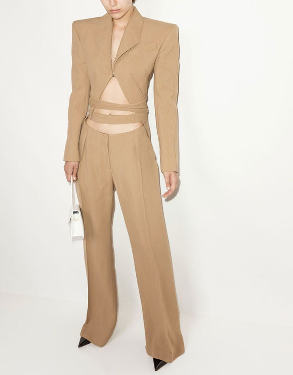 Designer Show Back Blazer and High-Waisted Wide Leg Pants 2-piece Set!  Cut Off Blazer Femme Bottoms