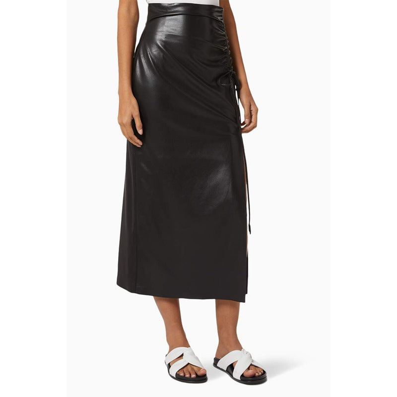 Laced-up Faux Leather Long Skirt! PU leather  Hip-Hugger, Women Skirt Fashion 2202