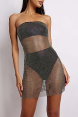 Hand Knitted Shine See-through Mesh Strapless Dress with Rhinestones , Bikini Cover Up ClubWear