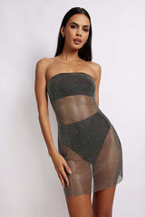 Hand Knitted Shine See-through Mesh Strapless Dress with Rhinestones , Bikini Cover Up ClubWear