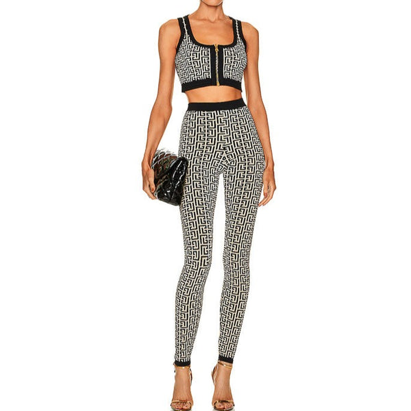 Monogram Crop Jacquard Knitted Top and Slim Fitting Pants 2-piece Set! Women Fashion 2209