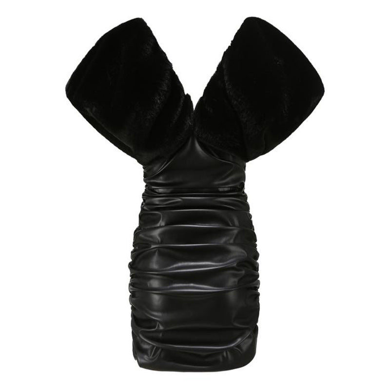 Fur and Leather! Luxury Black Low Cut Sleeveless Dress ! Sexy Event Dress Winter Dress 2112 - KellyModa Store