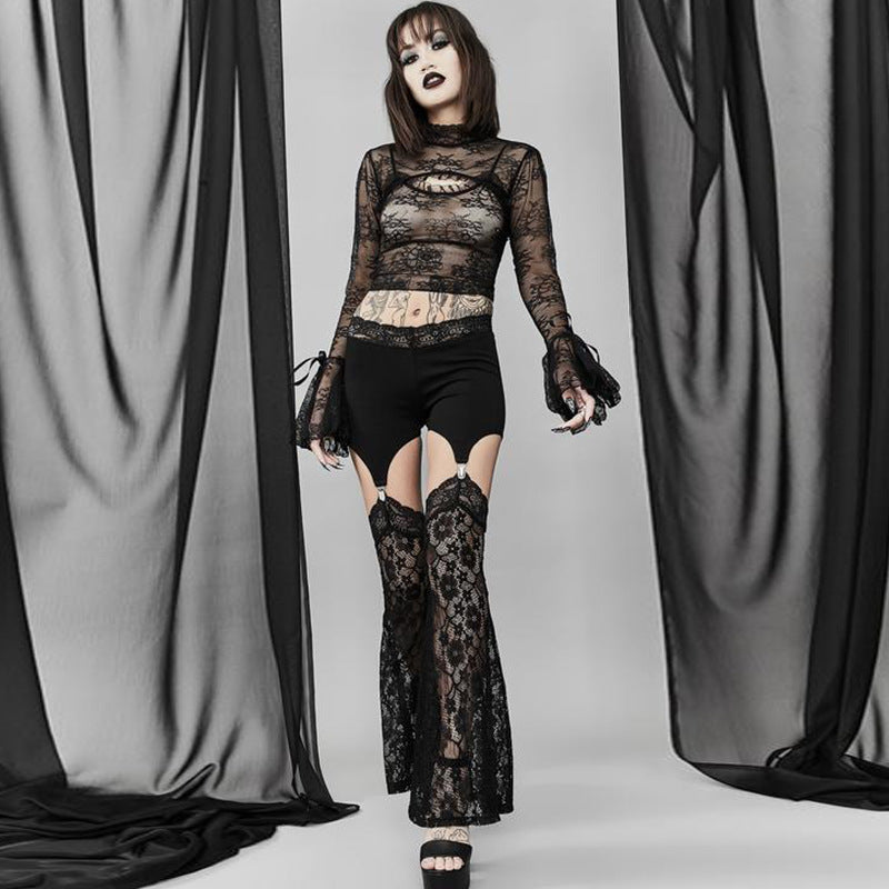 Cut Out Black Lace Flared Pants ! Women Fashion 2205