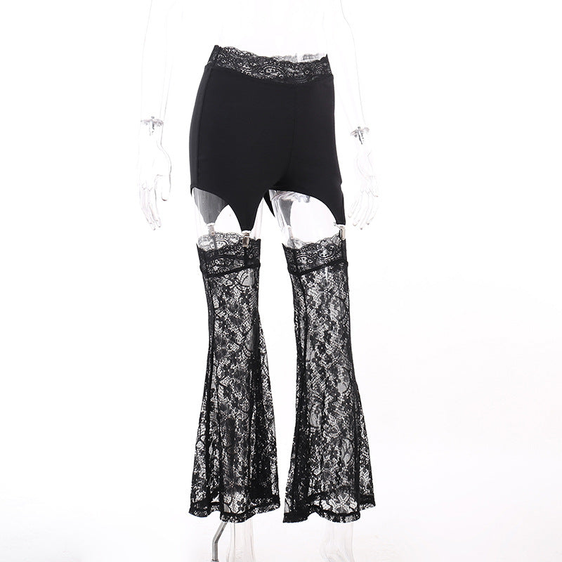 Cut Out Black Lace Flared Pants ! Women Fashion 2205