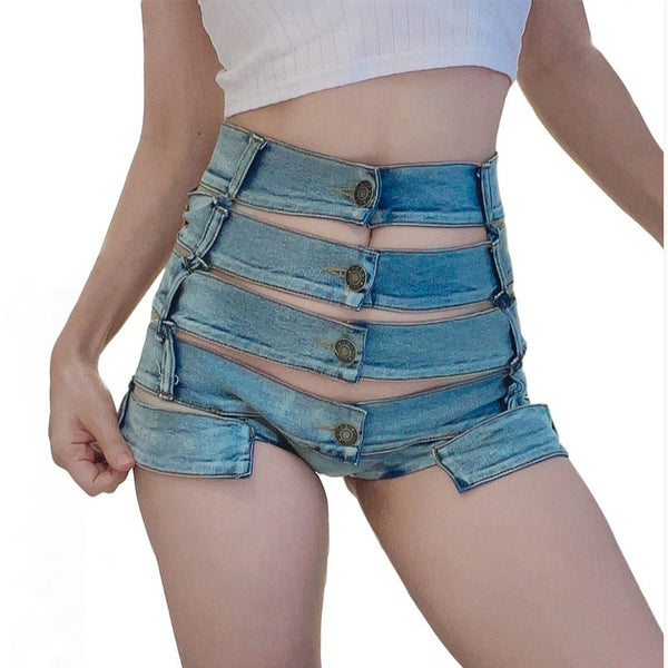 Very Sexy Cut Out High Waisted Denim Hot Shorts, Sexy Jeans Nightclub Wear, Hot Pants